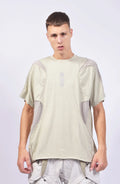 Hamcus, Mens T-Shirt, White, Sage Grey, Multi-Fabric, Patchwork Design, Panel Construction, Stretch Cotton, Breathable Mesh Inserts, Scars Chest Print, Loose Fit, Ventilated, Short Sleeves, Front Portrait. 