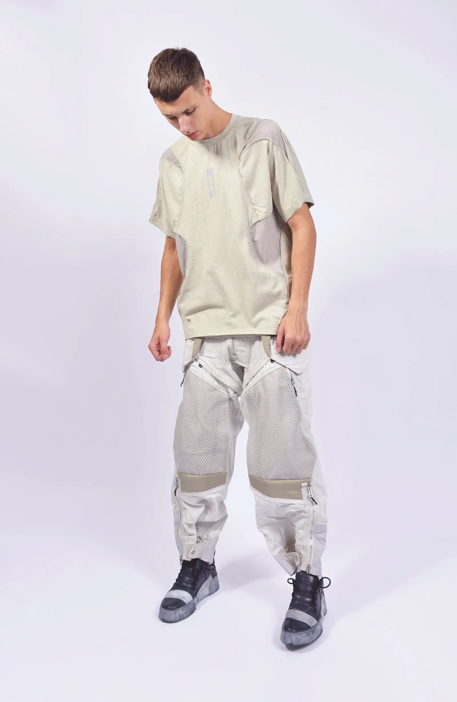 Hamcus, Mens T-Shirt, White, Sage Grey, Multi-Fabric, Patchwork Design, Panel Construction, Stretch Cotton, Breathable Mesh Inserts, Scars Chest Print, Loose Fit, Ventilated, Short Sleeves, Full Body Front View. 