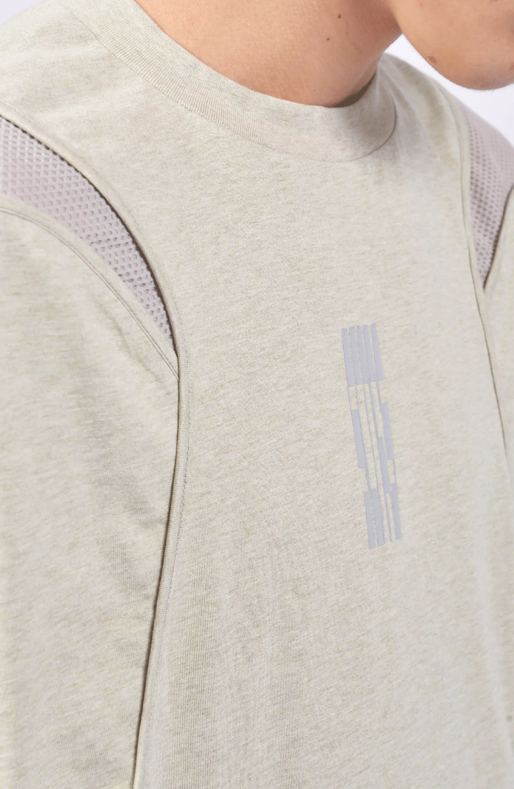 Hamcus, Mens T-Shirt, White, Sage Grey, Multi-Fabric, Patchwork Design, Panel Construction, Stretch Cotton, Breathable Mesh Inserts, Scars Chest Print, Loose Fit, Ventilated, Short Sleeves, Front Print Close-up. 