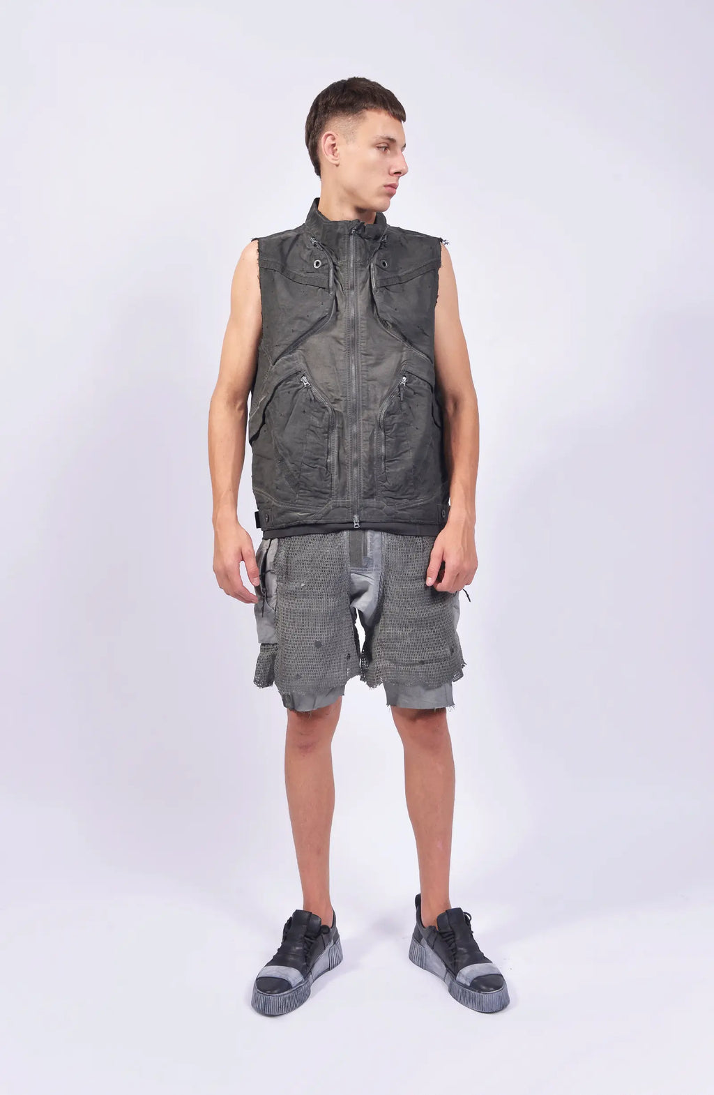 Hamcus, Mens Vest, Dark Grey, Black, Grey, Garment Dyed, 100% Cotton, Organic Cotton, Silver Tone Details, Unisex, Full-Zip, Centre Zip Closure, Zip Pockets, Front Pockets, Chest Pockets, Sleeveless, Adjustable Elasticated Hem, Full Body Front View. 