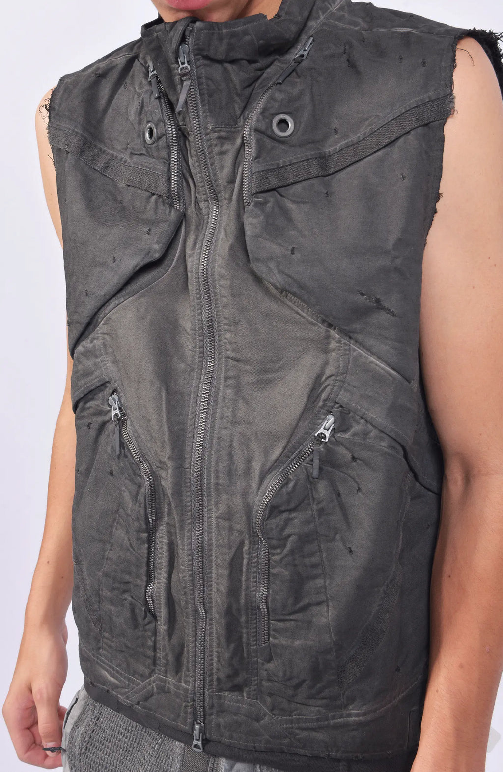 Hamcus, Mens Vest, Dark Grey, Black, Grey, Garment Dyed, 100% Cotton, Organic Cotton, Silver Tone Details, Unisex, Full-Zip, Centre Zip Closure, Zip Pockets, Front Pockets, Chest Pockets, Sleeveless, Adjustable Elasticated Hem, Front 3/4 View. 