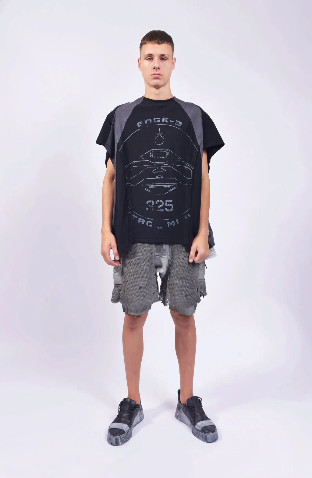 Hamcus, Mens Tank Top, Tanktop, Black, Grey, Dark Grey, Gray, Front and Back Print, Sleeveless Shirt, Grey Print, Patchwork, Panel Construction, Contrasting Elements, Full Body Front View. 