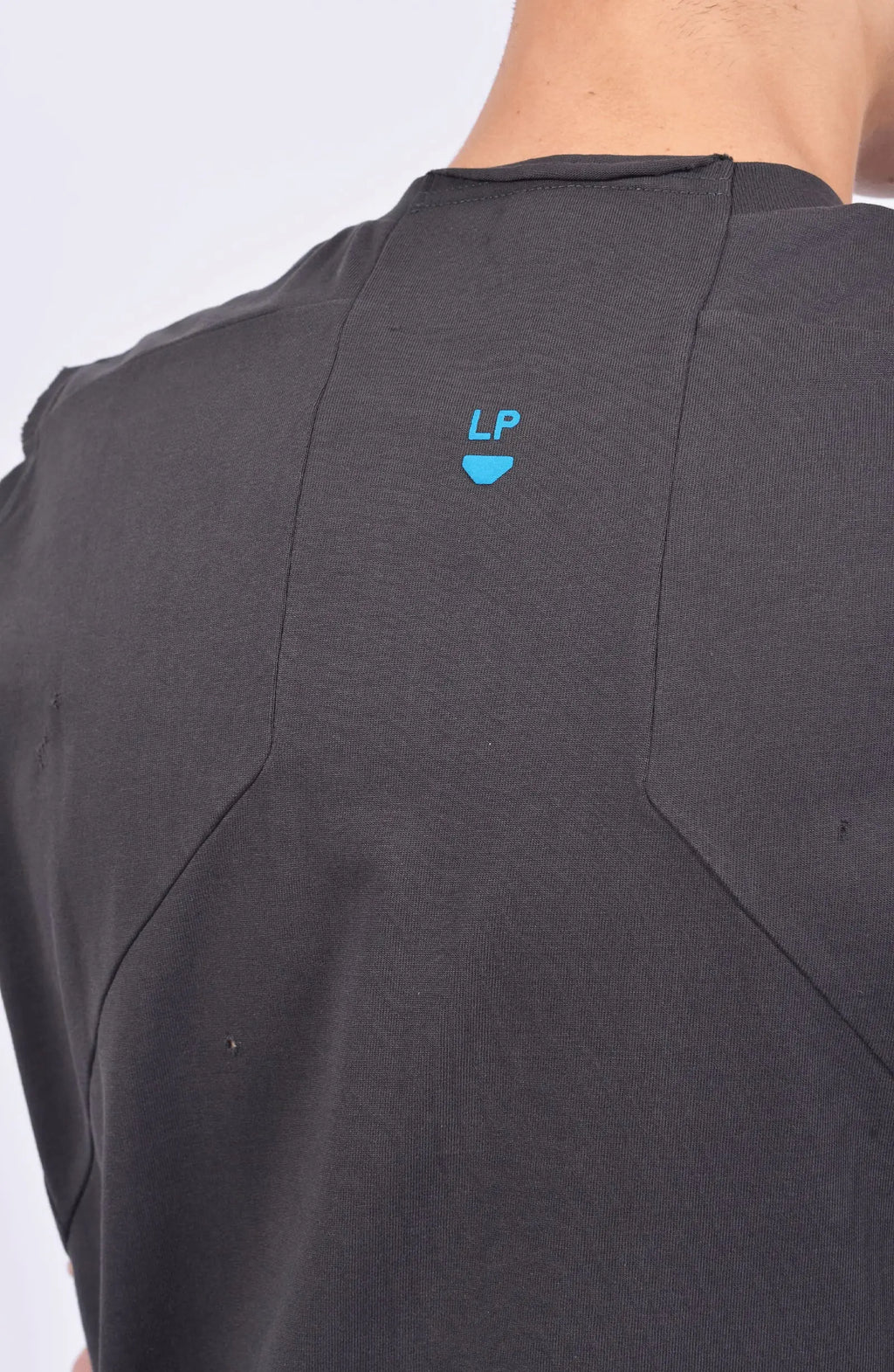 Hamcus, Mens Tank Top, Cloudy Black, Garment Dyed, No Sleeves, Dropped Shoulders, Loose Fit, Cotton, Distressed Fabric, Worn Look, LP World Print, Astro Mining Squad 325, Lower Planetary, Blue and Yellow, Back Print Close-up. 