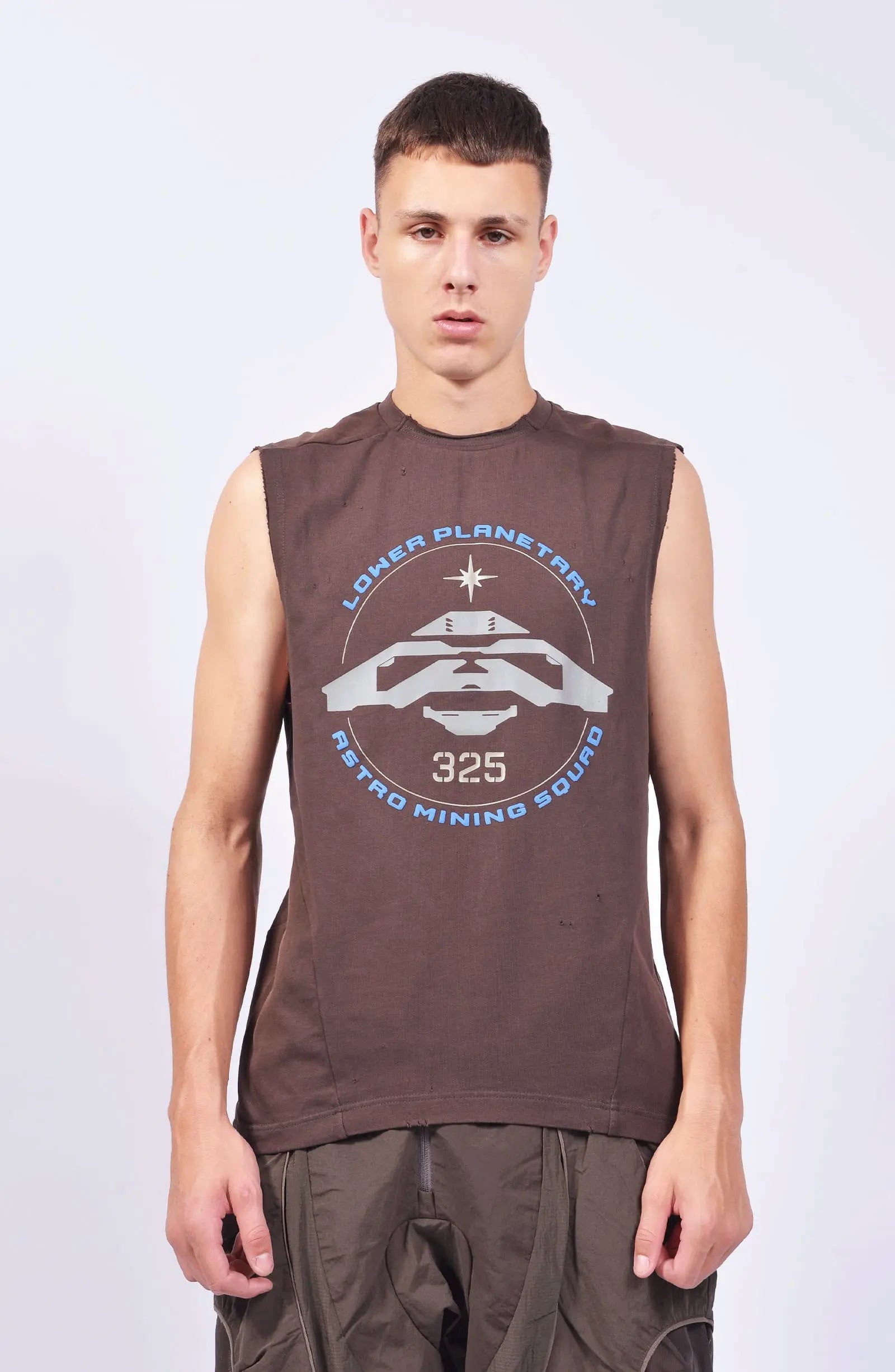 Hamcus, Mens Tank Top, Brown, Garment Dyed, No Sleeves, Dropped Shoulders, Loose Fit, Cotton, Distressed Fabric, Worn Look, LP World Print, Astro Mining Squad 325, Lower Planetary, Blue and Grey, Front Portrait. 