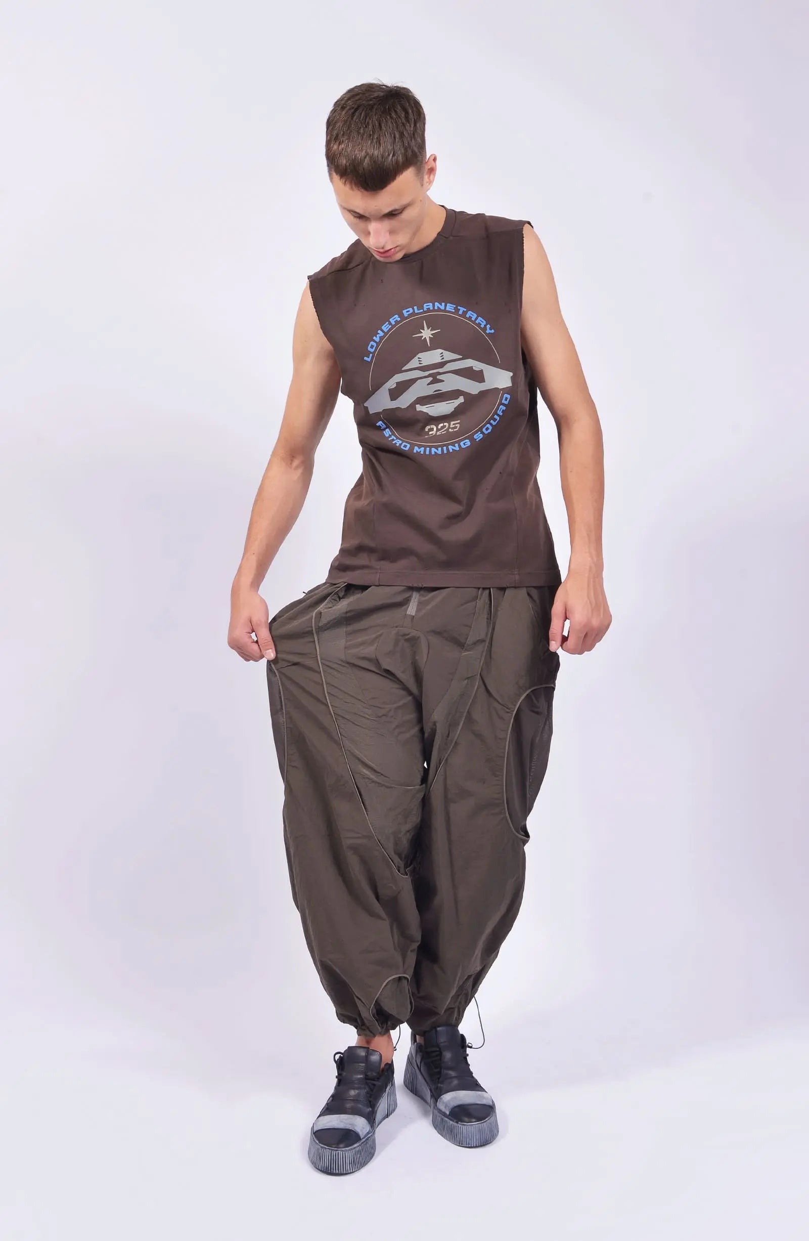 Hamcus, Mens Tank Top, Brown, Garment Dyed, No Sleeves, Dropped Shoulders, Loose Fit, Cotton, Distressed Fabric, Worn Look, LP World Print, Astro Mining Squad 325, Lower Planetary, Blue and Grey, Full Body Fit Front View. 