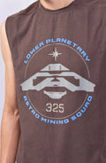 Hamcus, Mens Tank Top, Brown, Garment Dyed, No Sleeves, Dropped Shoulders, Loose Fit, Cotton, Distressed Fabric, Worn Look, LP World Print, Astro Mining Squad 325, Lower Planetary, Blue and Grey, Front Print Close-up. 