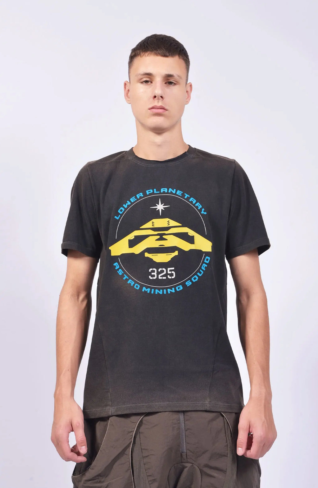 Hamcus, Mens T-Shirt, Black, Cloudy, Garment Dyed, Front and Back print, LP World, Lower Planetary, Astro Mining Squad, Blue and Yellow, Yellow and Blue, Color Print, Screen Print, Hamcus Logo, White Star, Silver Star, Cotton, Front Portrait. 
