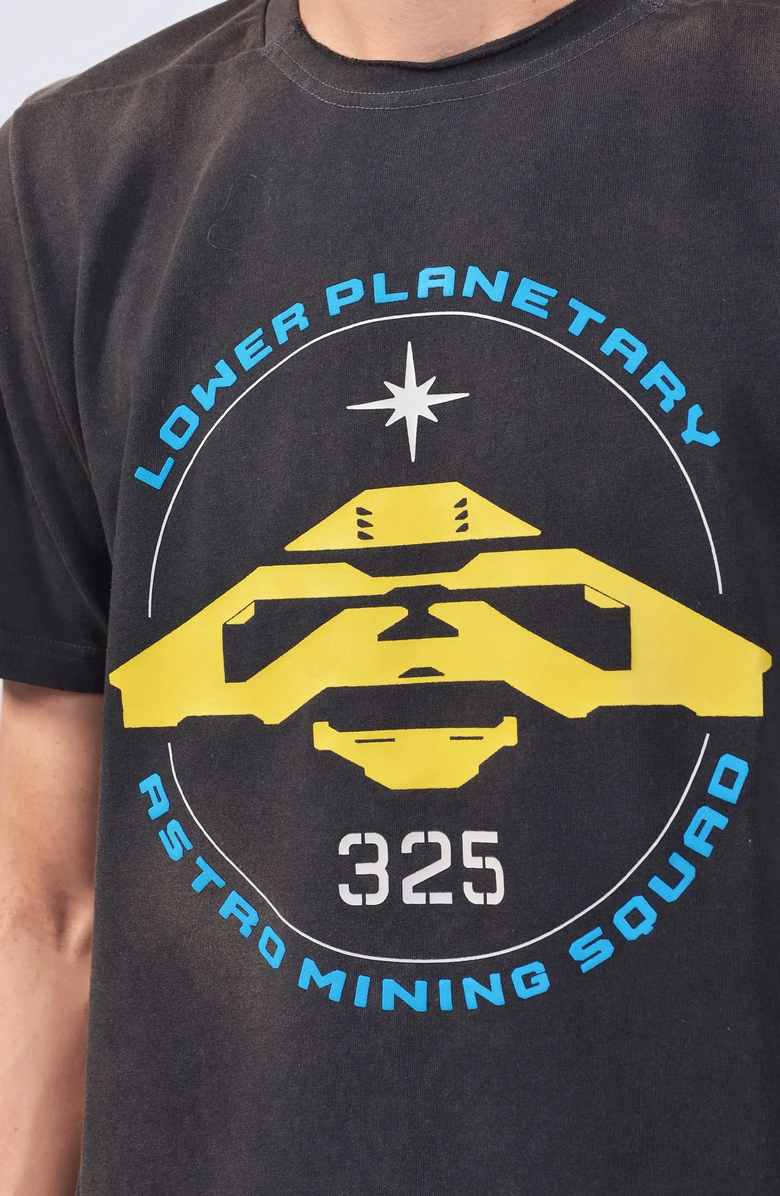 Hamcus, Mens T-Shirt, Black, Cloudy, Garment Dyed, Front and Back print, LP World, Lower Planetary, Astro Mining Squad, Blue and Yellow, Yellow and Blue, Color Print, Screen Print, Hamcus Logo, White Star, Silver Star, Cotton, Print Close-up. 