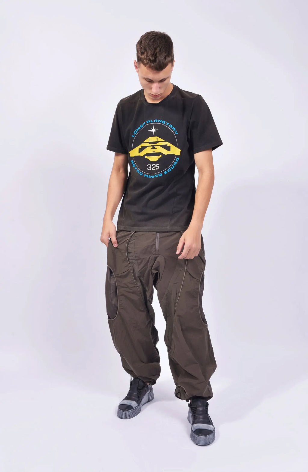 Hamcus, Mens T-Shirt, Black, Cloudy, Garment Dyed, Front and Back print, LP World, Lower Planetary, Astro Mining Squad, Blue and Yellow, Yellow and Blue, Color Print, Screen Print, Hamcus Logo, White Star, Silver Star, Cotton, Full Body Front View. 