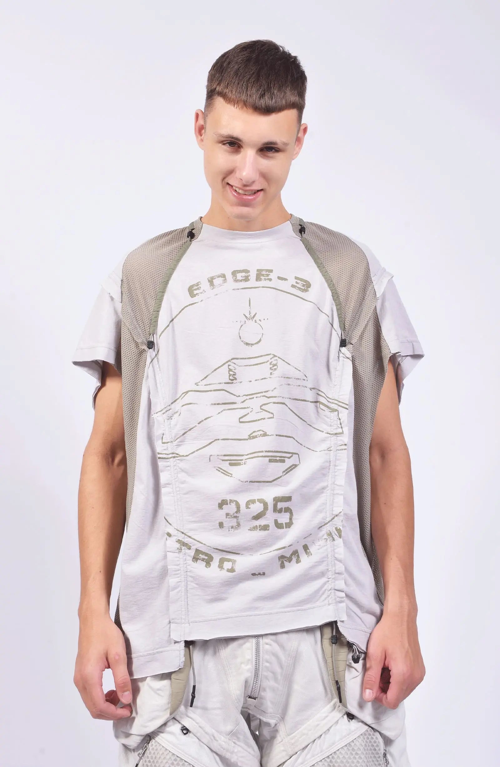 Hamcus, Mens Tanktop, White, Ivory, Creamy White, Off-White, Front Print, Panel Construction, Breathable Mesh, Webbing Details, Dropped Shoulders, Vintage Wash Treatment, Rope Details, Mesh Panels, Tech Top, Front Portrait. 