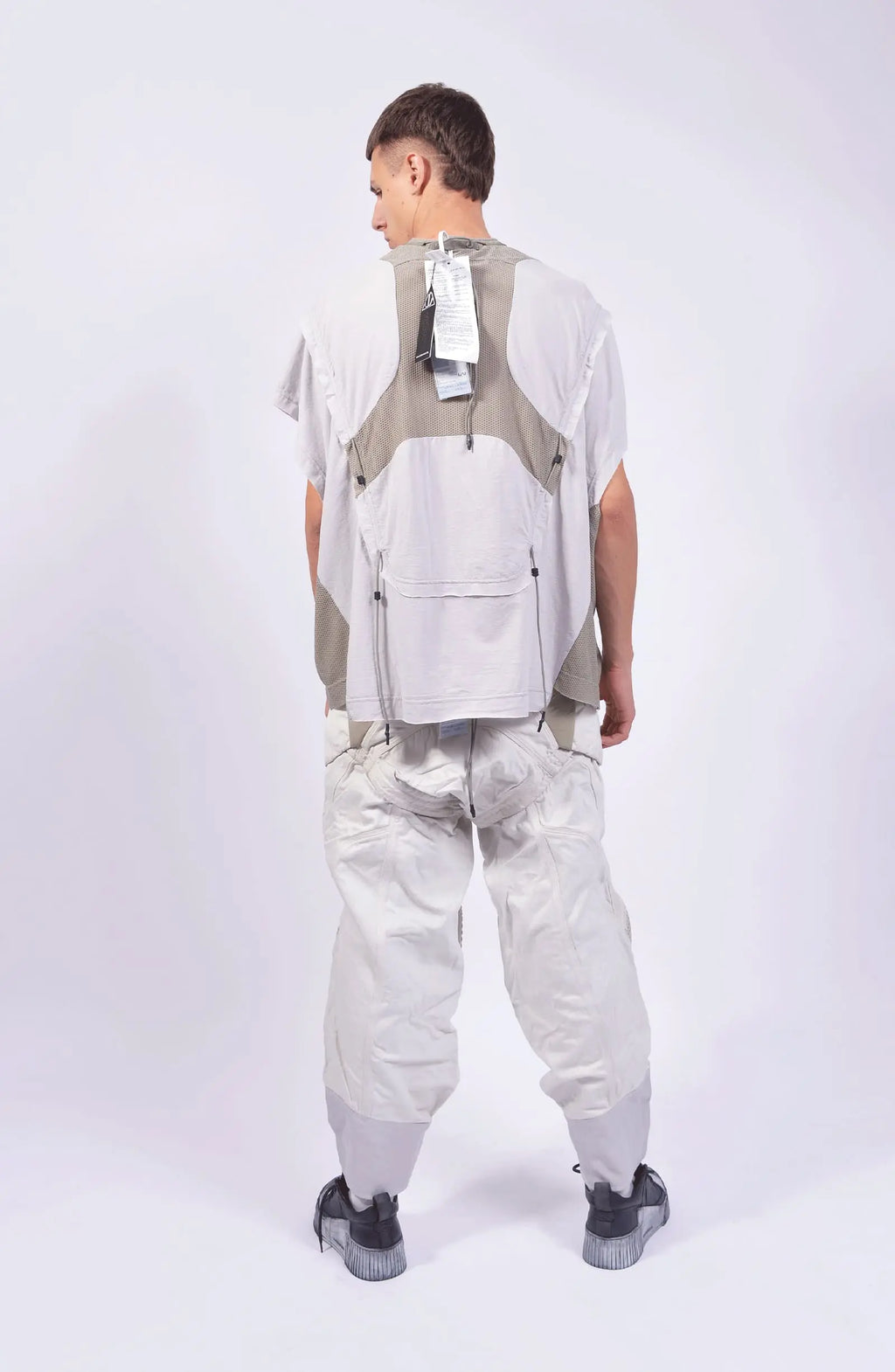Hamcus, Mens Tanktop, White, Ivory, Creamy White, Off-White, Front Print, Panel Construction, Breathable Mesh, Webbing Details, Dropped Shoulders, Vintage Wash Treatment, Rope Details, Mesh Panels, Tech Top, Full Body Back View. 