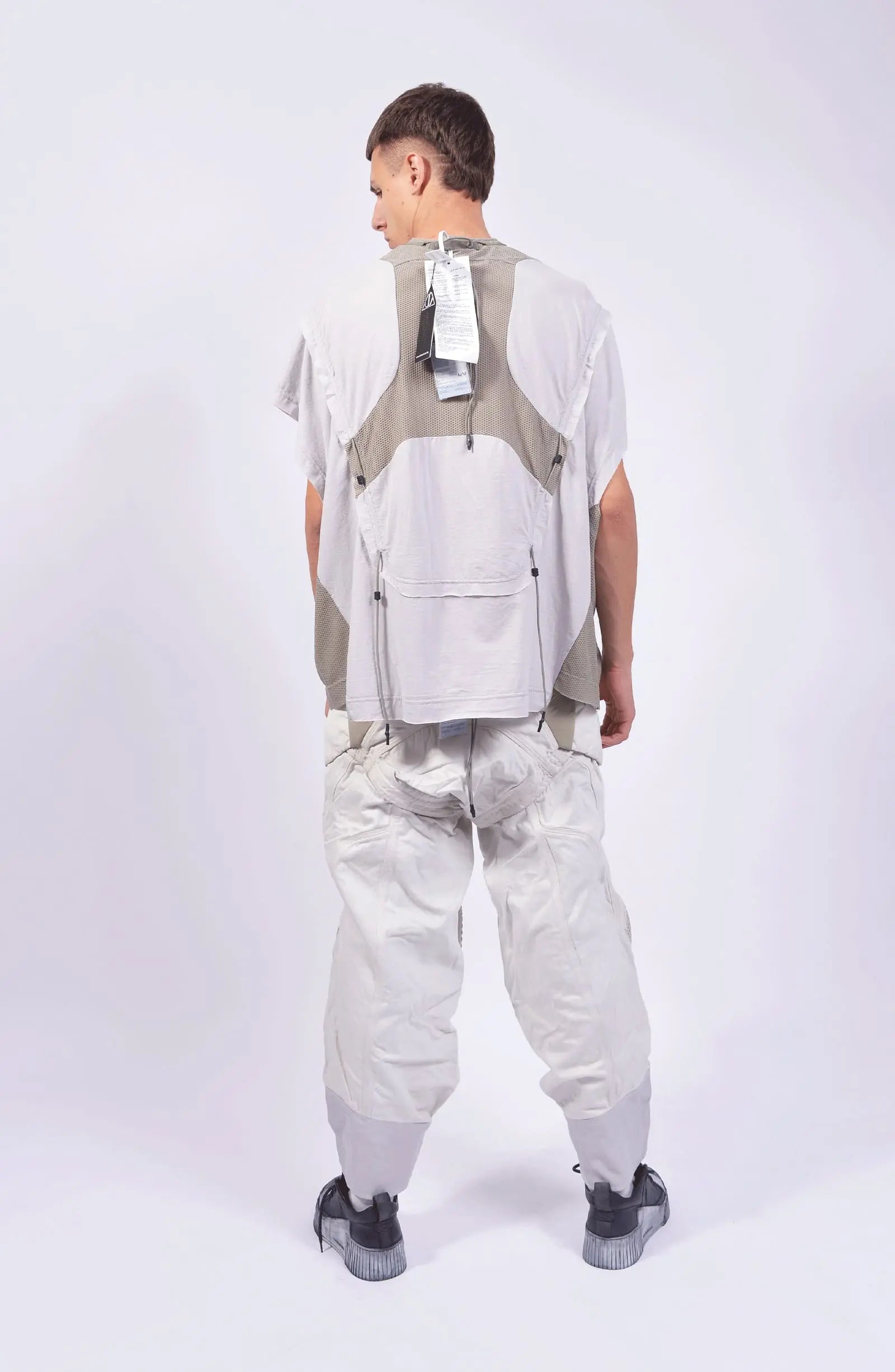 Hamcus, Mens Tanktop, White, Ivory, Creamy White, Off-White, Front Print, Panel Construction, Breathable Mesh, Webbing Details, Dropped Shoulders, Vintage Wash Treatment, Rope Details, Mesh Panels, Tech Top, Full Body Back View. 