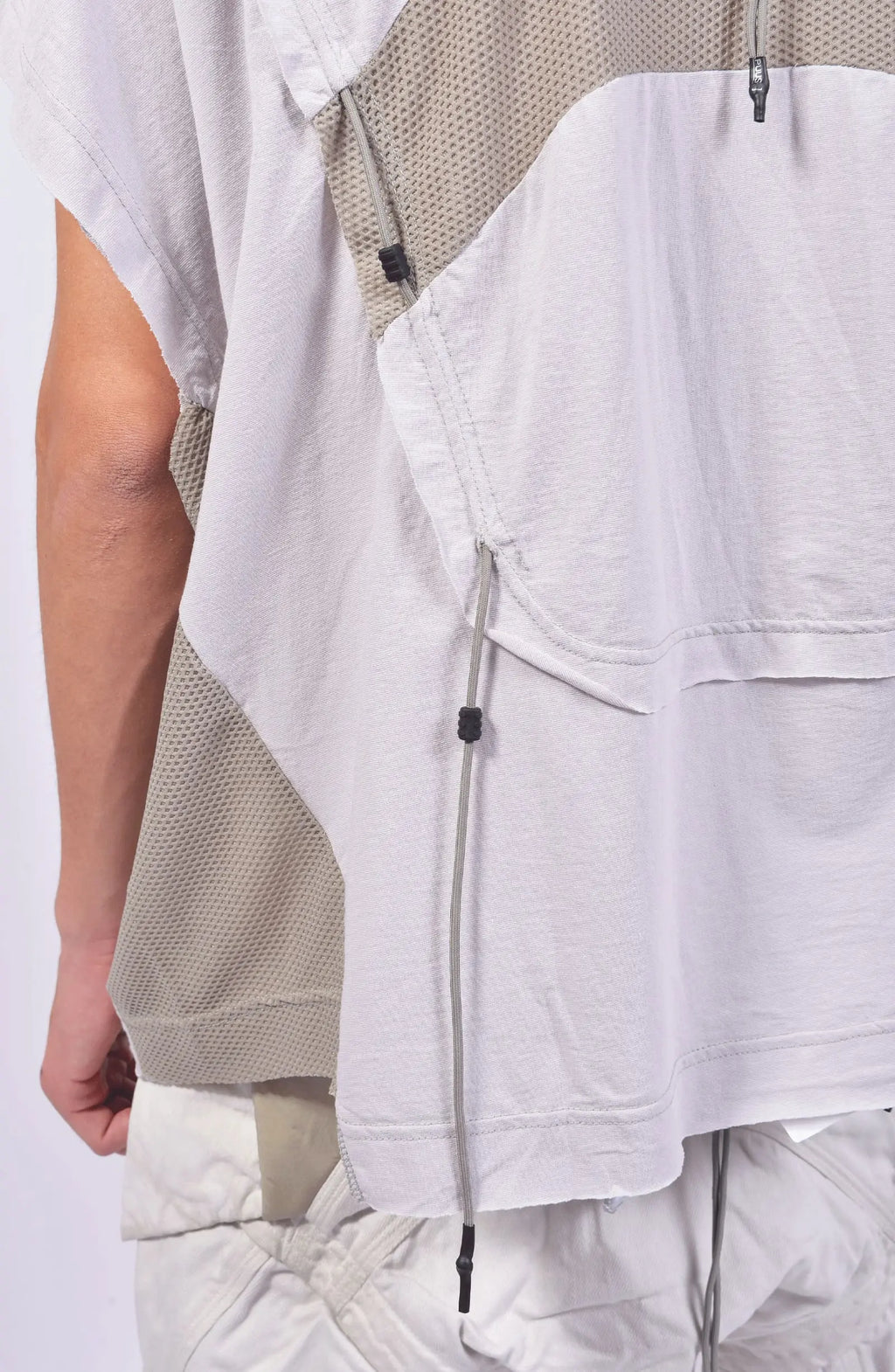 Hamcus, Mens Tanktop, White, Ivory, Creamy White, Off-White, Front Print, Panel Construction, Breathable Mesh, Webbing Details, Dropped Shoulders, Vintage Wash Treatment, Rope Details, Mesh Panels, Tech Top, Back Details Close-up. 