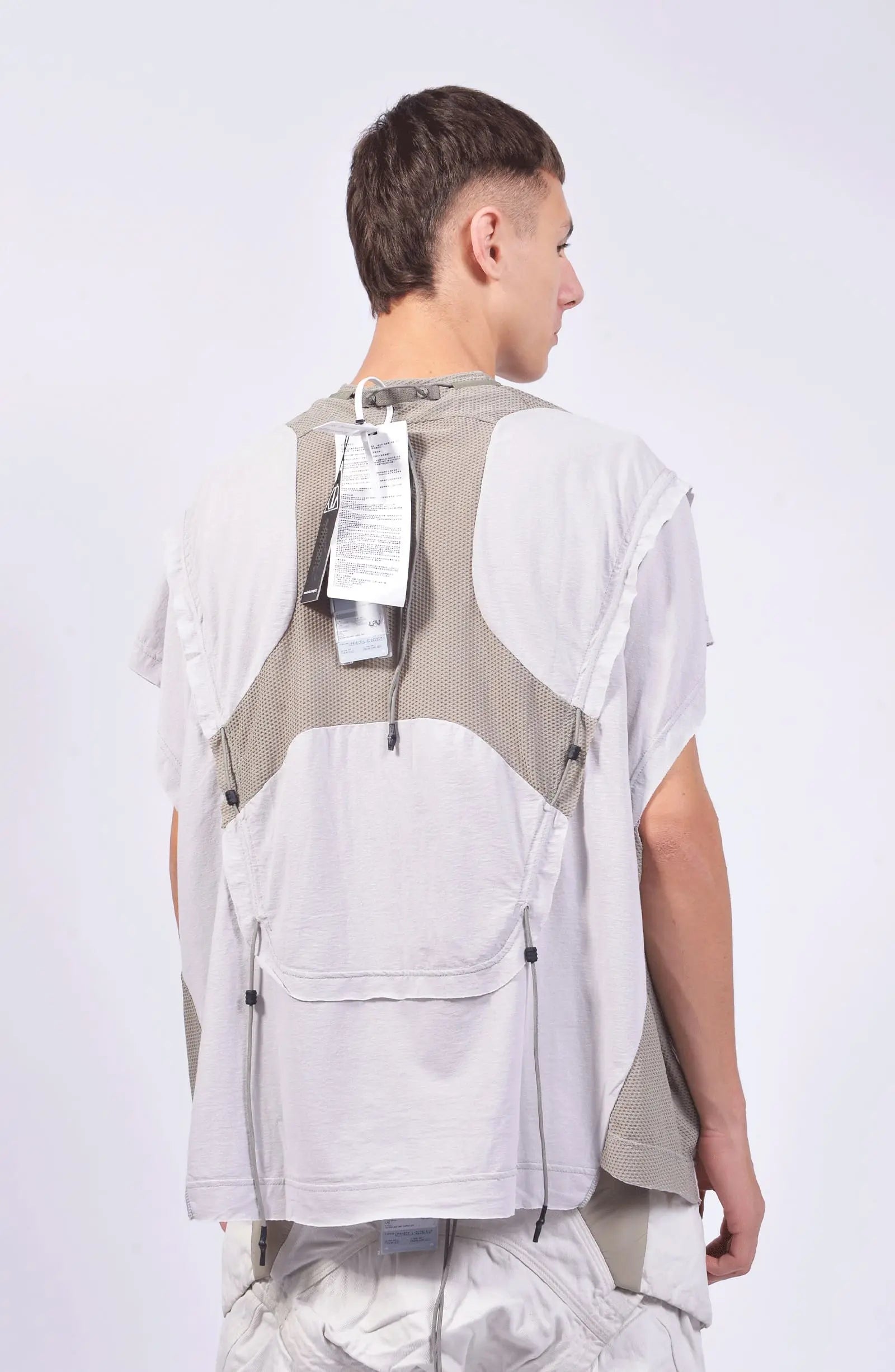 Hamcus, Mens Tanktop, White, Ivory, Creamy White, Off-White, Front Print, Panel Construction, Breathable Mesh, Webbing Details, Dropped Shoulders, Vintage Wash Treatment, Rope Details, Mesh Panels, Tech Top, Back Portrait. 