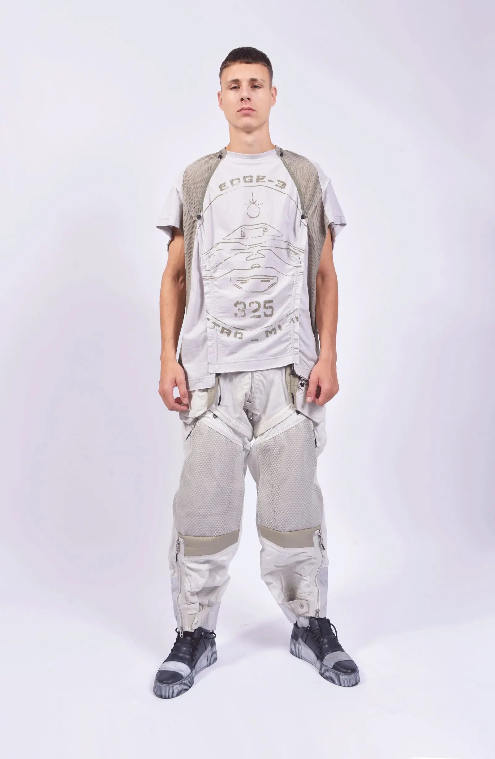 Hamcus, Mens Tanktop, White, Ivory, Creamy White, Off-White, Front Print, Panel Construction, Breathable Mesh, Webbing Details, Dropped Shoulders, Vintage Wash Treatment, Rope Details, Mesh Panels, Tech Top, Full Body Front View. 