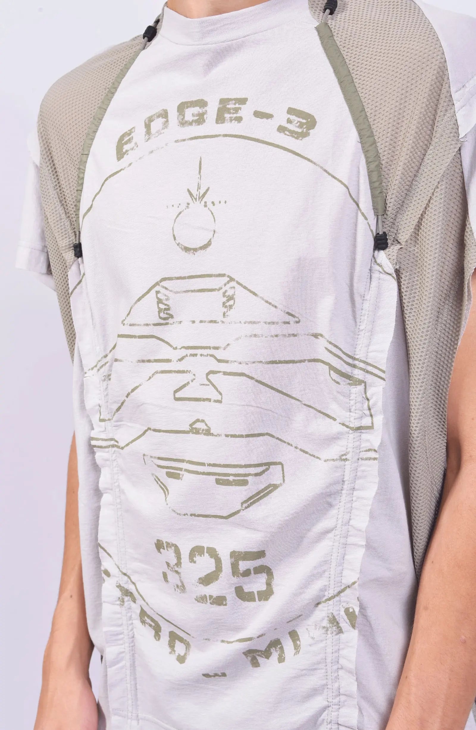 Hamcus, Mens Tanktop, White, Ivory, Creamy White, Off-White, Front Print, Panel Construction, Breathable Mesh, Webbing Details, Dropped Shoulders, Vintage Wash Treatment, Rope Details, Mesh Panels, Tech Top, Front Print 3/4 View. 