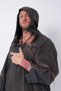 Hamcus, Mens Hoodie, Star-Scorched Black, Brown Details, Sun-Faded, Multiple Ventilation Zipper Openings, Hooded, Adjustable Drawcord Hood, Multi-Fabric Blend, LP World, Lower Planetary Universe, Tattoos, Raw-Cut Details, Elasticated Cuffs, Front Portrait. 
