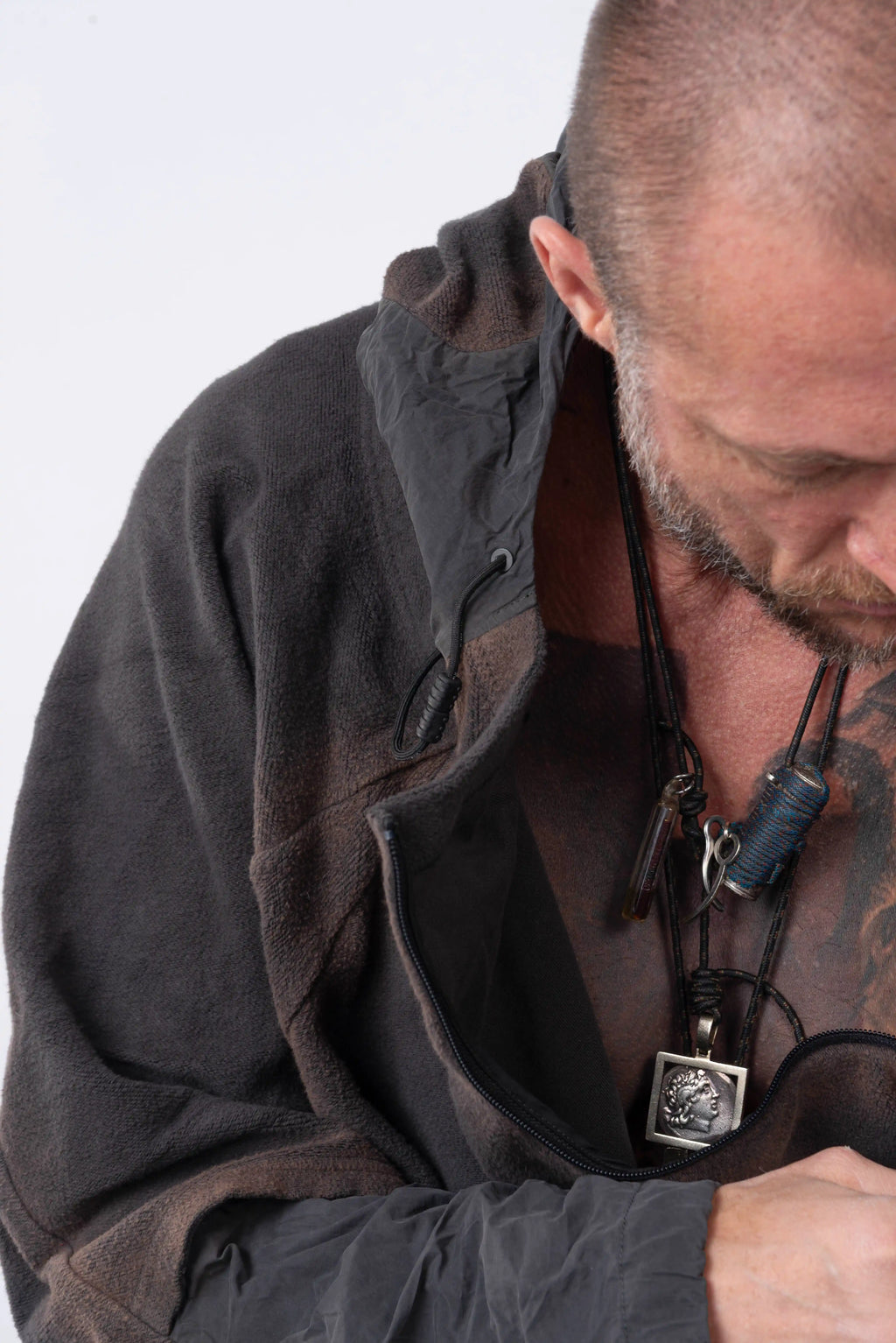 Hamcus, Mens Hoodie, Star-Scorched Black, Brown Details, Sun-Faded, Multiple Ventilation Zipper Openings, Hooded, Adjustable Drawcord Hood, Multi-Fabric Blend, LP World, Lower Planetary Universe, Tattoos, Raw-Cut Details, Elasticated Cuffs, Front Hood Drawcord and Stopper Showcase. 