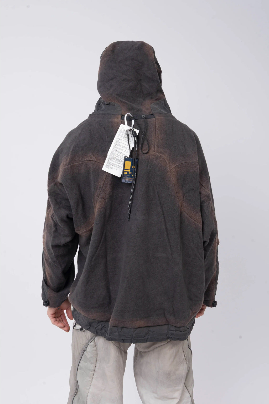 Hamcus, Mens Hoodie, Star-Scorched Black, Brown Details, Sun-Faded, Multiple Ventilation Zipper Openings, Hooded, Adjustable Drawcord Hood, Multi-Fabric Blend, LP World, Lower Planetary Universe, Tattoos, Raw-Cut Details, Elasticated Cuffs, Back Portrait. 
