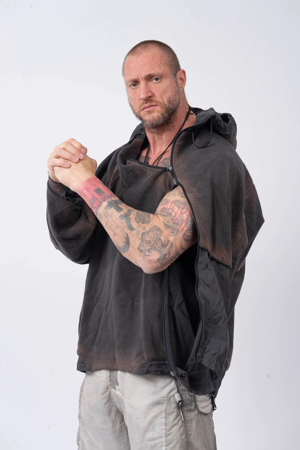 Hamcus, Mens Hoodie, Star-Scorched Black, Brown Details, Sun-Faded, Multiple Ventilation Zipper Openings, Hooded, Adjustable Drawcord Hood, Multi-Fabric Blend, LP World, Lower Planetary Universe, Tattoos, Raw-Cut Details, Elasticated Cuffs, Front Portrait Unzipped Sleeve. 