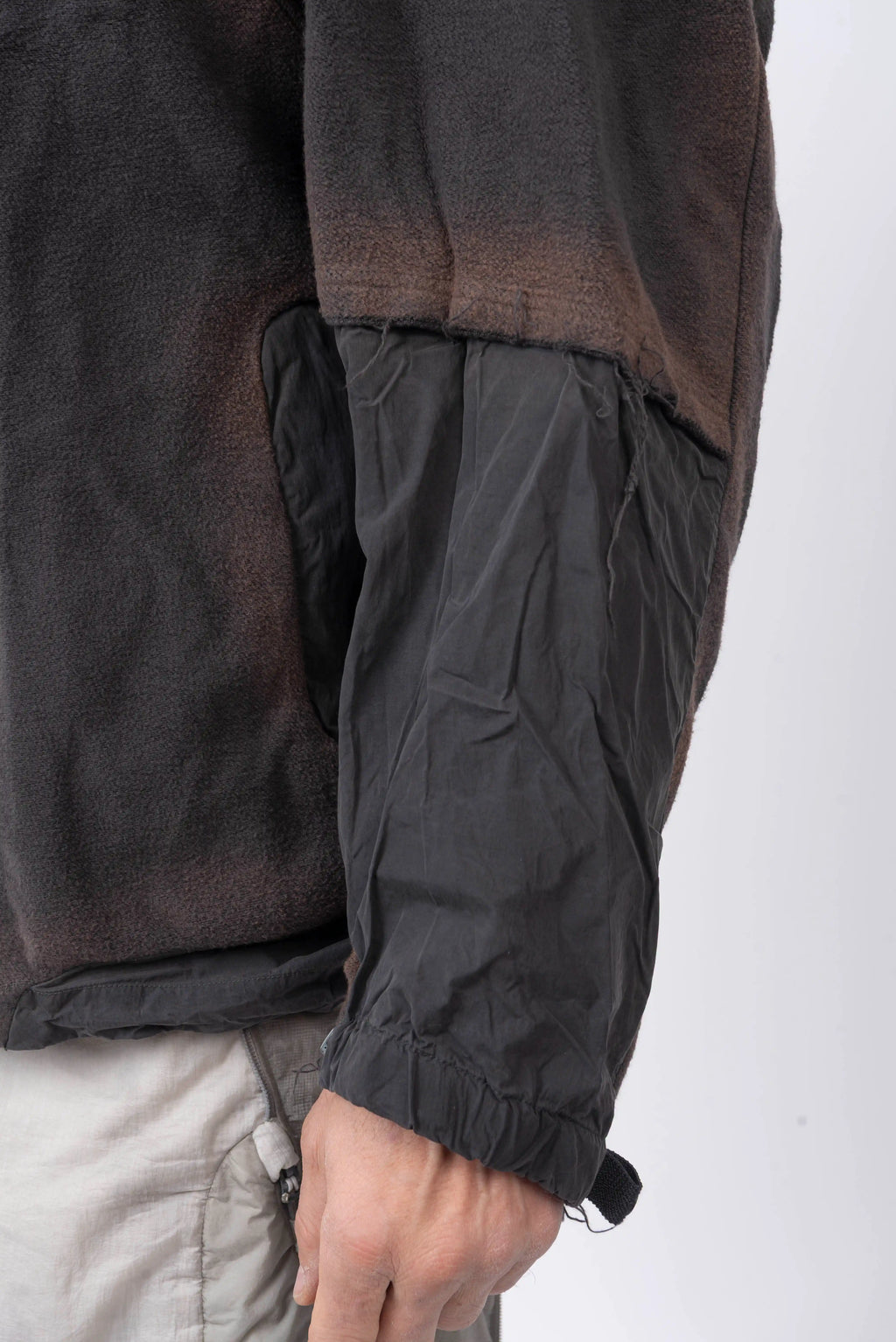 Hamcus, Mens Hoodie, Star-Scorched Black, Brown Details, Sun-Faded, Multiple Ventilation Zipper Openings, Hooded, Adjustable Drawcord Hood, Multi-Fabric Blend, LP World, Lower Planetary Universe, Tattoos, Raw-Cut Details, Elasticated Cuffs, Close-up Patch Design Showcase.
