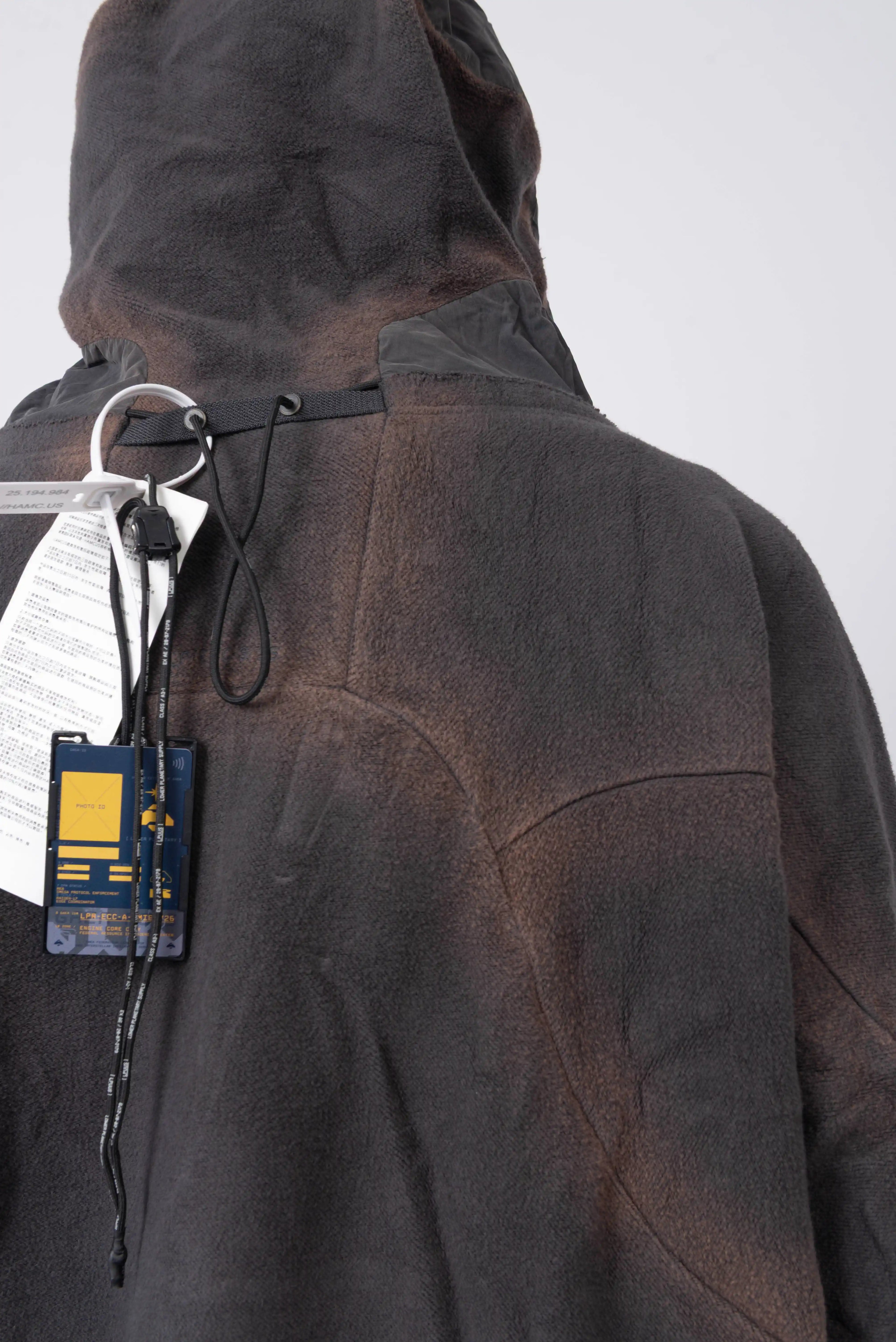 Hamcus, Mens Hoodie, Star-Scorched Black, Brown Details, Sun-Faded, Multiple Ventilation Zipper Openings, Hooded, Adjustable Drawcord Hood, Multi-Fabric Blend, LP World, Lower Planetary Universe, Tattoos, Raw-Cut Details, Elasticated Cuffs, Close-up Back View Hooded. 