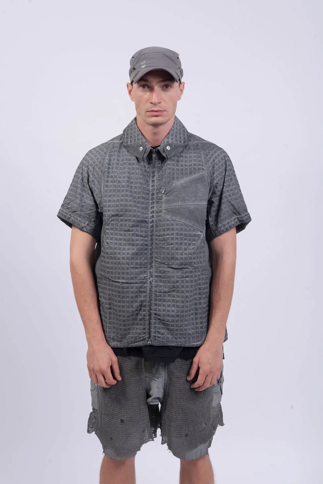 Hamcus, Mens Shirt, Grey, Garment Dyed, Checkered, White Contrast Lines, Snap Adjustable Collar, Versatile Design, Pockets, Zippers, Short Sleeves, Full Zip Closure, Centre Zip, Front Portrait. 