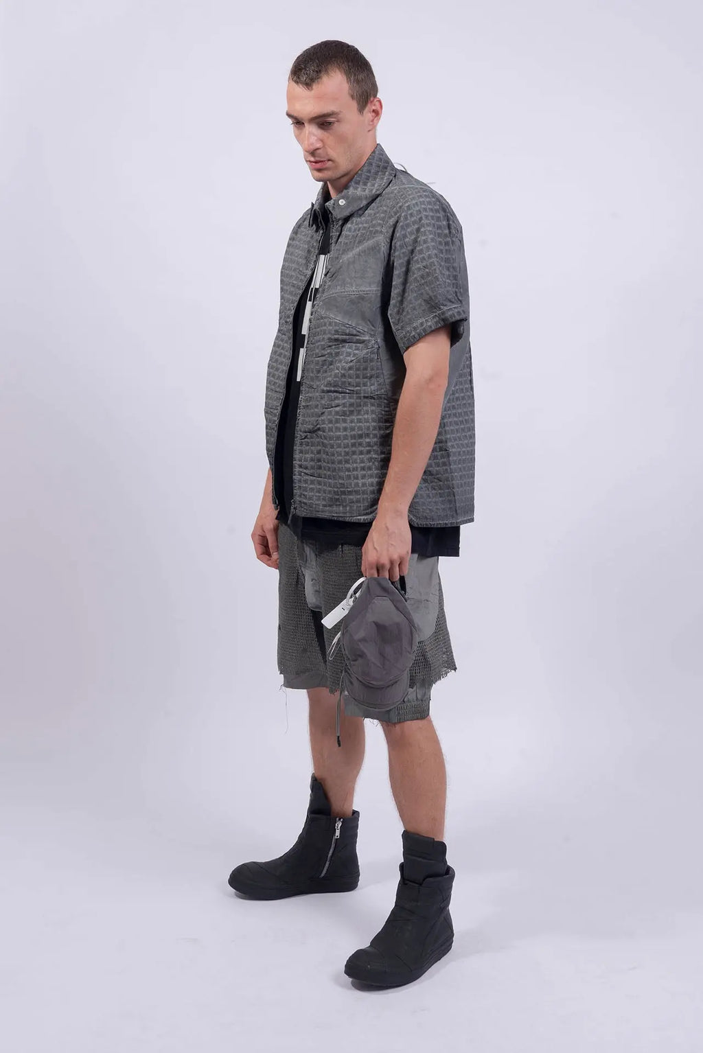 Hamcus, Mens Shirt, Grey, Garment Dyed, Checkered, White Contrast Lines, Snap Adjustable Collar, Versatile Design, Pockets, Zippers, Short Sleeves, Full Zip Closure, Centre Zip, Full Body Front 3/4 View. 