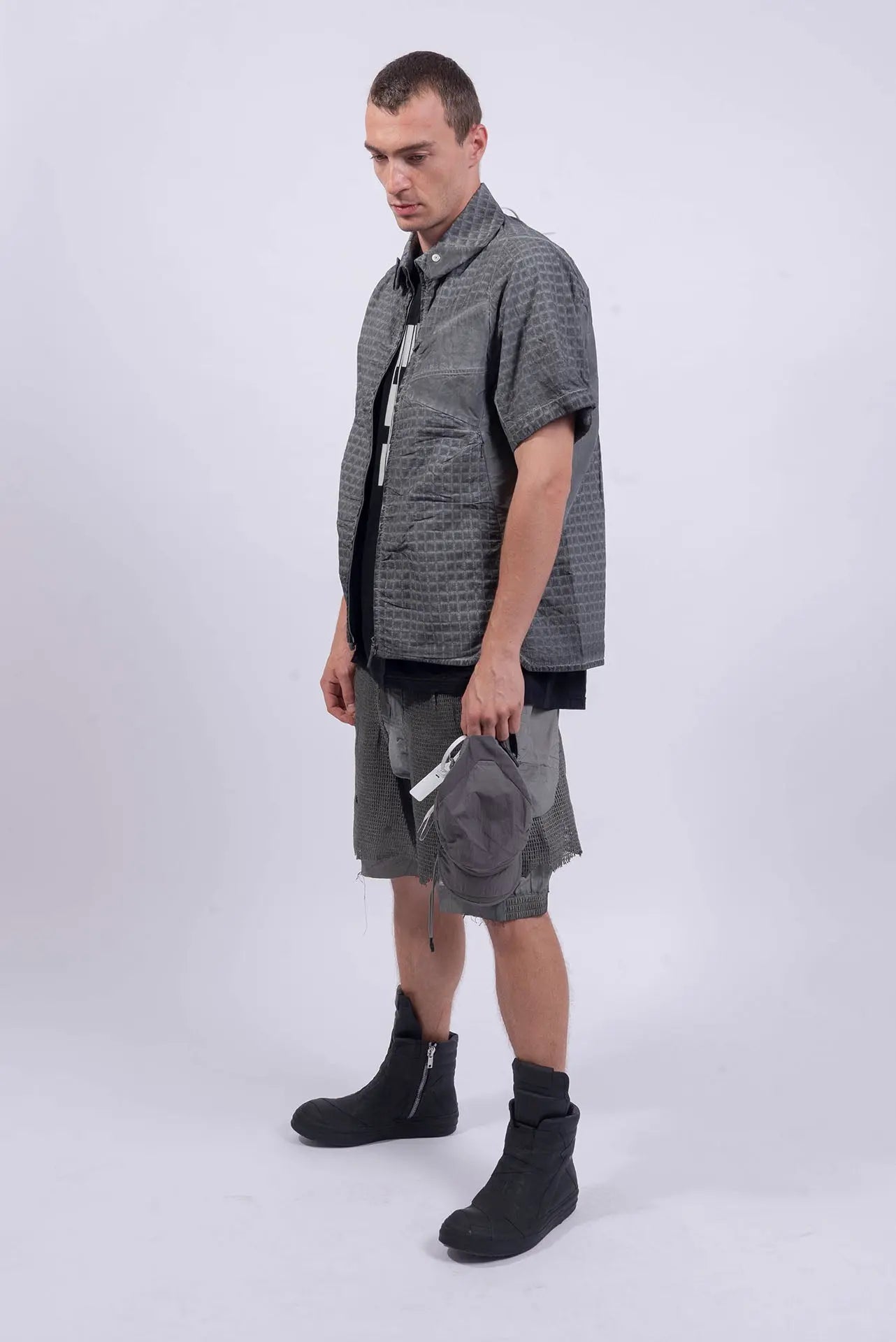 Hamcus, Mens Shirt, Grey, Garment Dyed, Checkered, White Contrast Lines, Snap Adjustable Collar, Versatile Design, Pockets, Zippers, Short Sleeves, Full Zip Closure, Centre Zip, Full Body Front 3/4 View. 