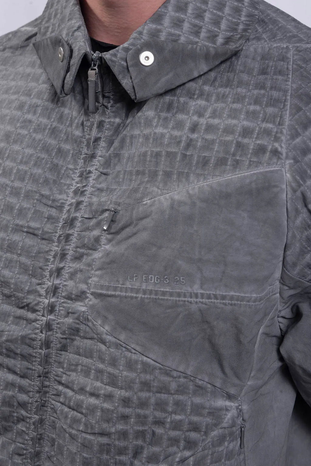 Hamcus, Mens Shirt, Grey, Garment Dyed, Checkered, White Contrast Lines, Snap Adjustable Collar, Versatile Design, Pockets, Zippers, Short Sleeves, Full Zip Closure, Centre Zip, Chest Pocket Close-up. 
