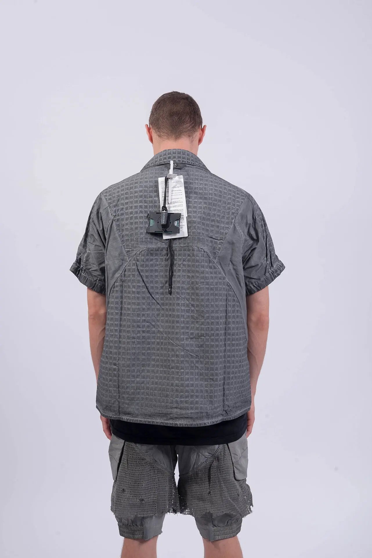 Hamcus, Mens Shirt, Grey, Garment Dyed, Checkered, White Contrast Lines, Snap Adjustable Collar, Versatile Design, Pockets, Zippers, Short Sleeves, Full Zip Closure, Centre Zip, Back Portrait. 