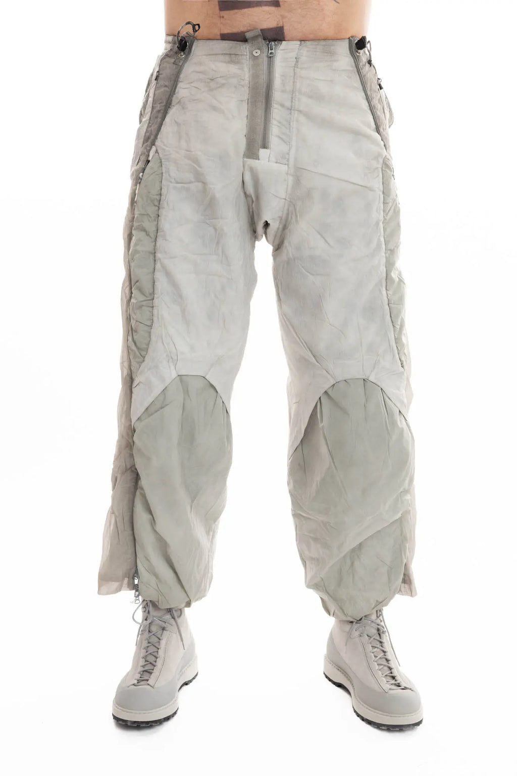 Hamcus, Mens Trousers, Light Grey, Dirt White, Straight Leg, Leg Zippers, Multi-Fabric, Translucent Inserts, Transparent, Zip Fly, Side Drawcord Pockets, Drawcord Elastic Waistband, Front Portrait. 