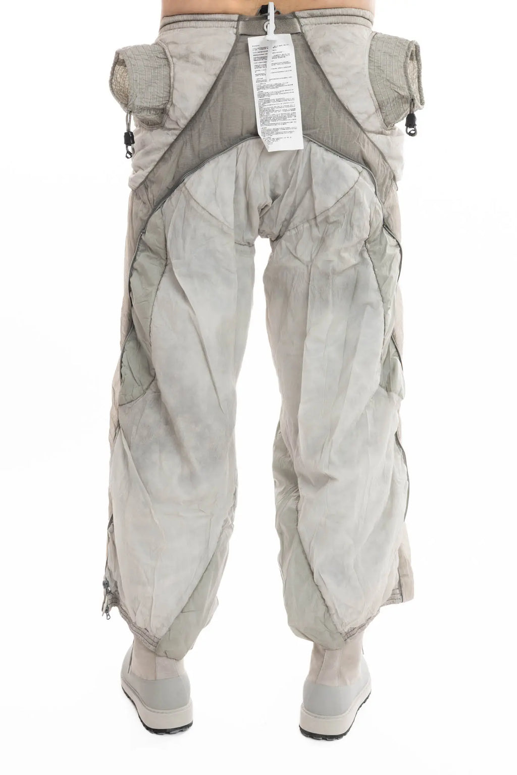 Hamcus, Mens Trousers, Light Grey, Dirt White, Straight Leg, Leg Zippers, Multi-Fabric, Translucent Inserts, Transparent, Zip Fly, Side Drawcord Pockets, Drawcord Elastic Waistband, Back Portrait. 
