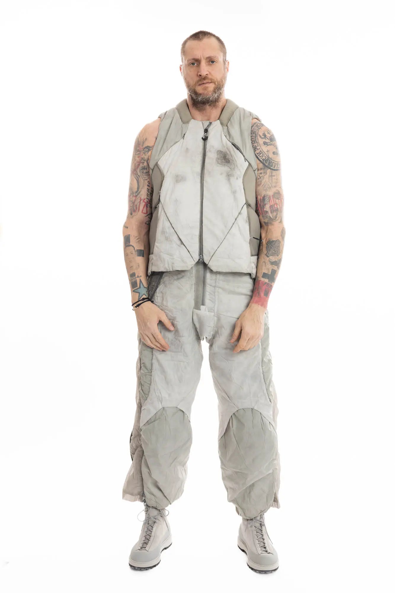 Hamcus, Mens Trousers, Light Grey, Dirt White, Straight Leg, Leg Zippers, Multi-Fabric, Translucent Inserts, Transparent, Zip Fly, Side Drawcord Pockets, Drawcord Elastic Waistband, Full Body Front View. 