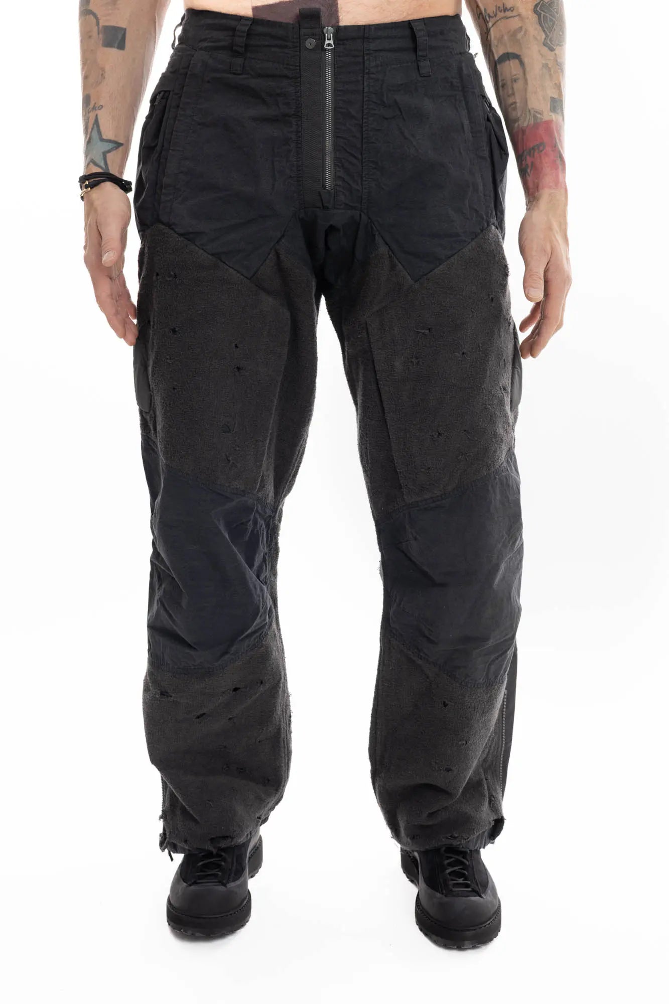 Hamcus, Mens Trousers, Black, Dark Grey, Straight Leg, Adjustable Cuffs, Side Pockets, Back Pockets, Belt Loops, Zip Fly, Multi Panel Construction, Leg Zips, Torn Design, Snap Closure, Drawcord Pockets, Vislon Zippers, Front Portrait. 