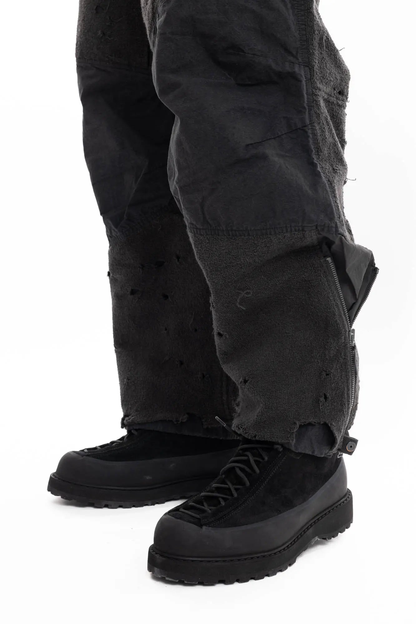Hamcus, Mens Trousers, Black, Dark Grey, Straight Leg, Adjustable Cuffs, Side Pockets, Back Pockets, Belt Loops, Zip Fly, Multi Panel Construction, Leg Zips, Torn Design, Snap Closure, Drawcord Pockets, Vislon Zippers, Leg Fit Showcase. 