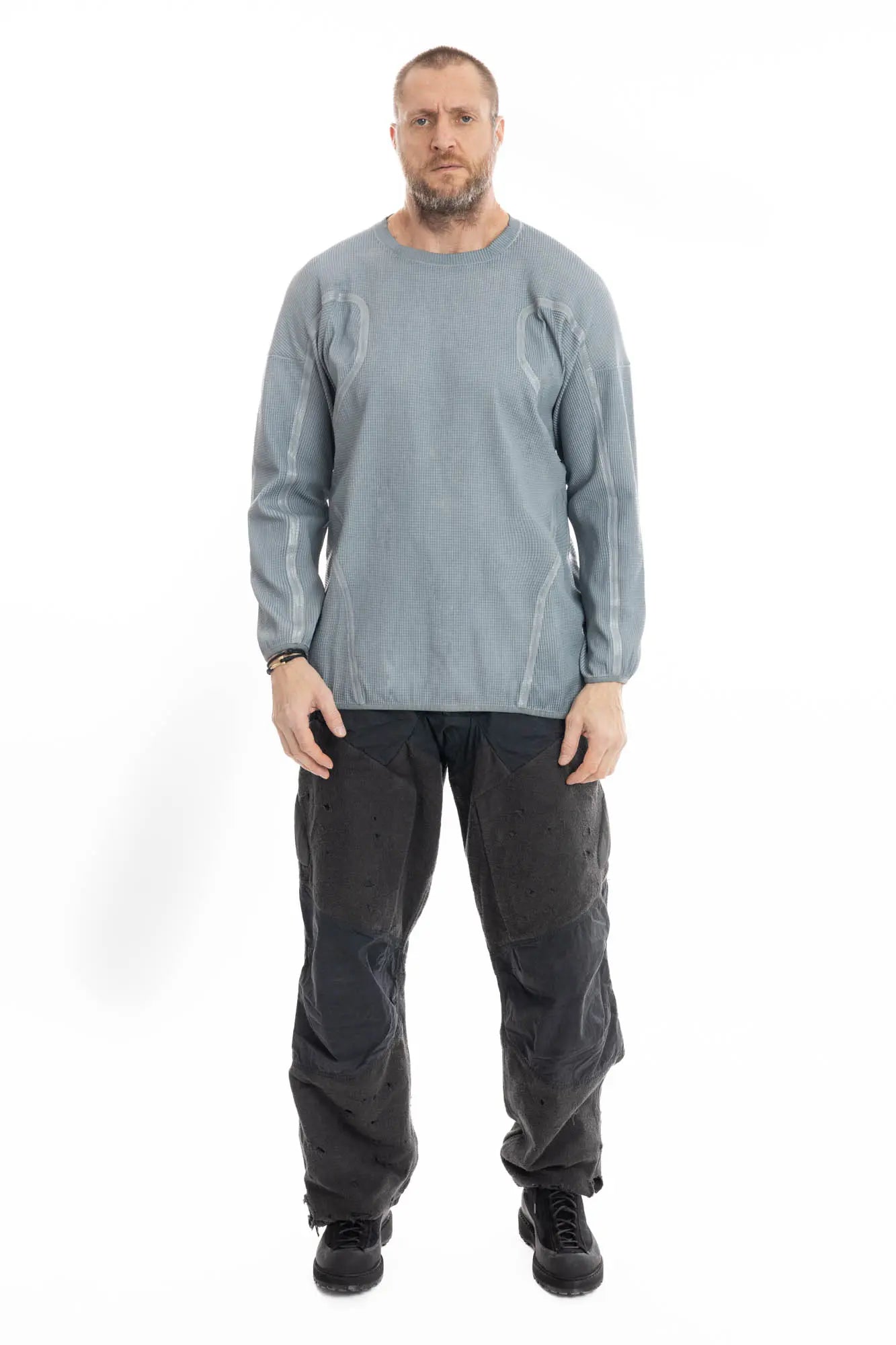 Hamcus, Mens Pullover, Blue, SM01125-1-HB LPU Radiation Mine Department Pullover in Blue Black, Mens, Sealed External Seams, Relaxed Fit, Heavy Fabric, Industrial Dystopian Design, Taped Seams, Crewneck, Polyester, Full Body Front View. 