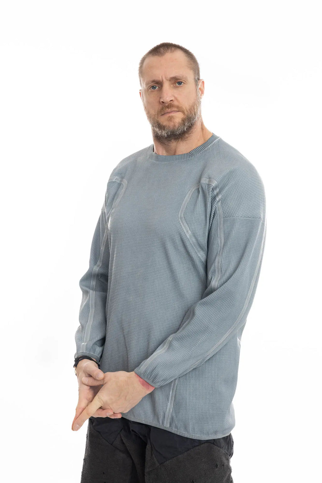 Hamcus, Mens Pullover, Blue, SM01125-1-HB LPU Radiation Mine Department Pullover in Blue Black, Mens, Sealed External Seams, Relaxed Fit, Heavy Fabric, Industrial Dystopian Design, Taped Seams, Crewneck, Polyester, Front 3/4 View Arrow Fingers. 