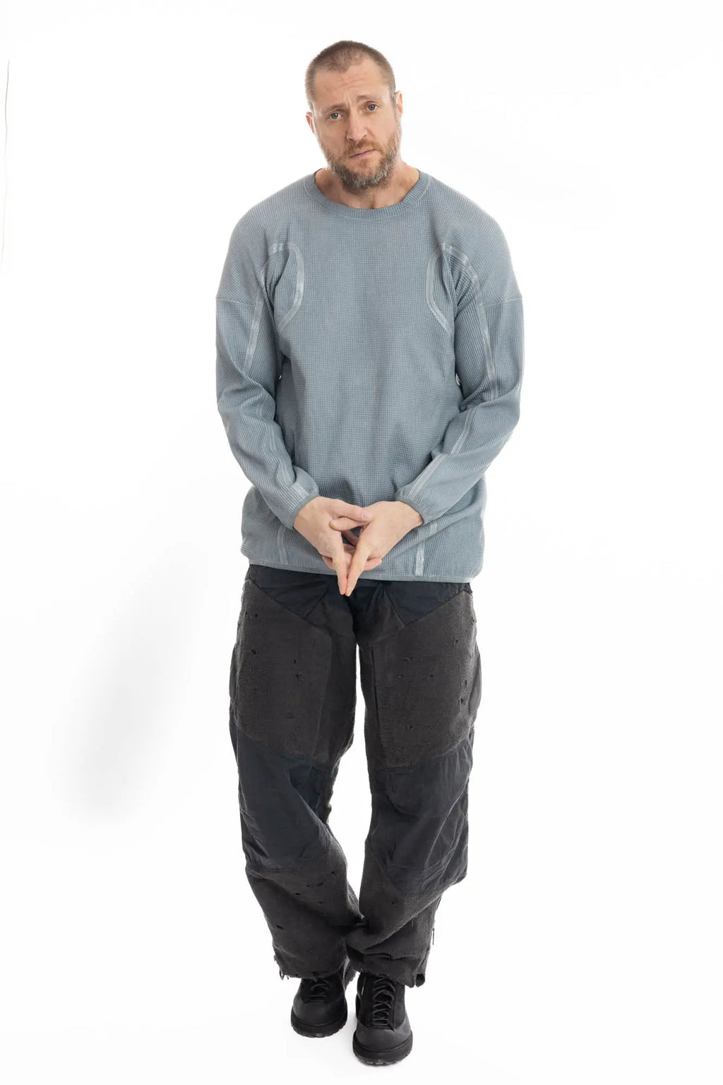 Hamcus, Mens Pullover, Blue, SM01125-1-HB LPU Radiation Mine Department Pullover in Blue Black, Mens, Sealed External Seams, Relaxed Fit, Heavy Fabric, Industrial Dystopian Design, Taped Seams, Crewneck, Polyester, Full Body Front View. 
