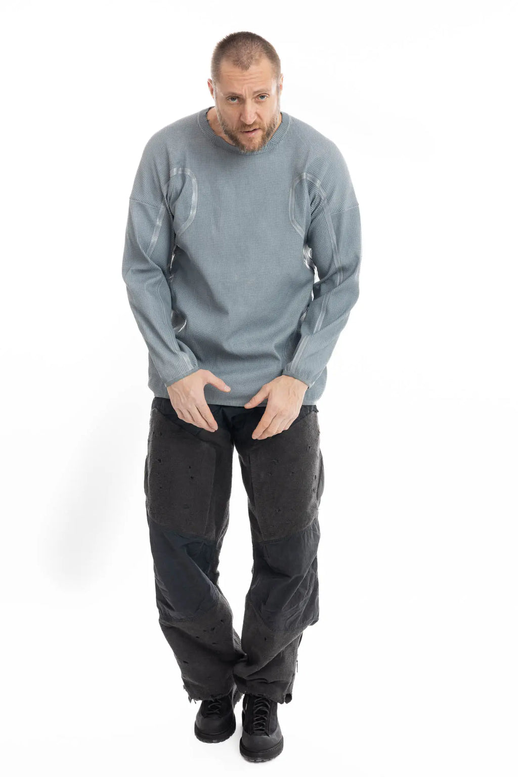 Hamcus, Mens Pullover, Blue, SM01125-1-HB LPU Radiation Mine Department Pullover in Blue Black, Mens, Sealed External Seams, Relaxed Fit, Heavy Fabric, Industrial Dystopian Design, Taped Seams, Crewneck, Polyester, Full Body Front View in-motion. 