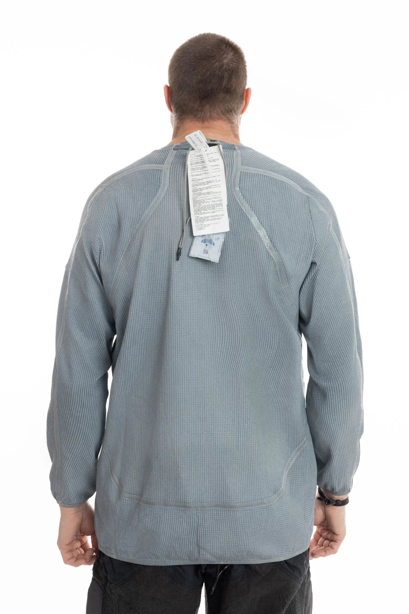 Hamcus, Mens Pullover, Blue, SM01125-1-HB LPU Radiation Mine Department Pullover in Blue Black, Mens, Sealed External Seams, Relaxed Fit, Heavy Fabric, Industrial Dystopian Design, Taped Seams, Crewneck, Polyester, Back Portrait. 
