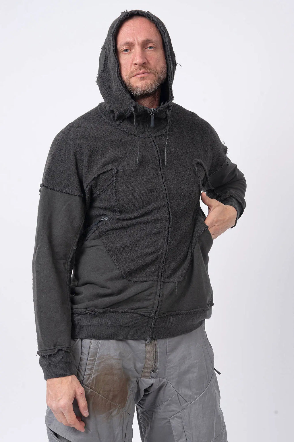 Hamcus, Mens Jacket, Black, Washed Effect, Cloudy Black, Long Sleeves, Zip Side Pockets, Hooded, Panel Design, Patchwork Construction, Ribbed Cuffs and Hem, Paracord Adjustable Hood, LP World, Full-Zip, Centre Zip Closure, Front Portrait Hooded Hand in Pocket. 
