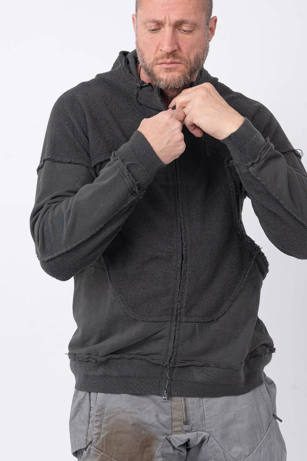 Hamcus, Mens Jacket, Black, Washed Effect, Cloudy Black, Long Sleeves, Zip Side Pockets, Hooded, Panel Design, Patchwork Construction, Ribbed Cuffs and Hem, Paracord Adjustable Hood, LP World, Full-Zip, Centre Zip Closure, Front Portrait In-Motion. 
