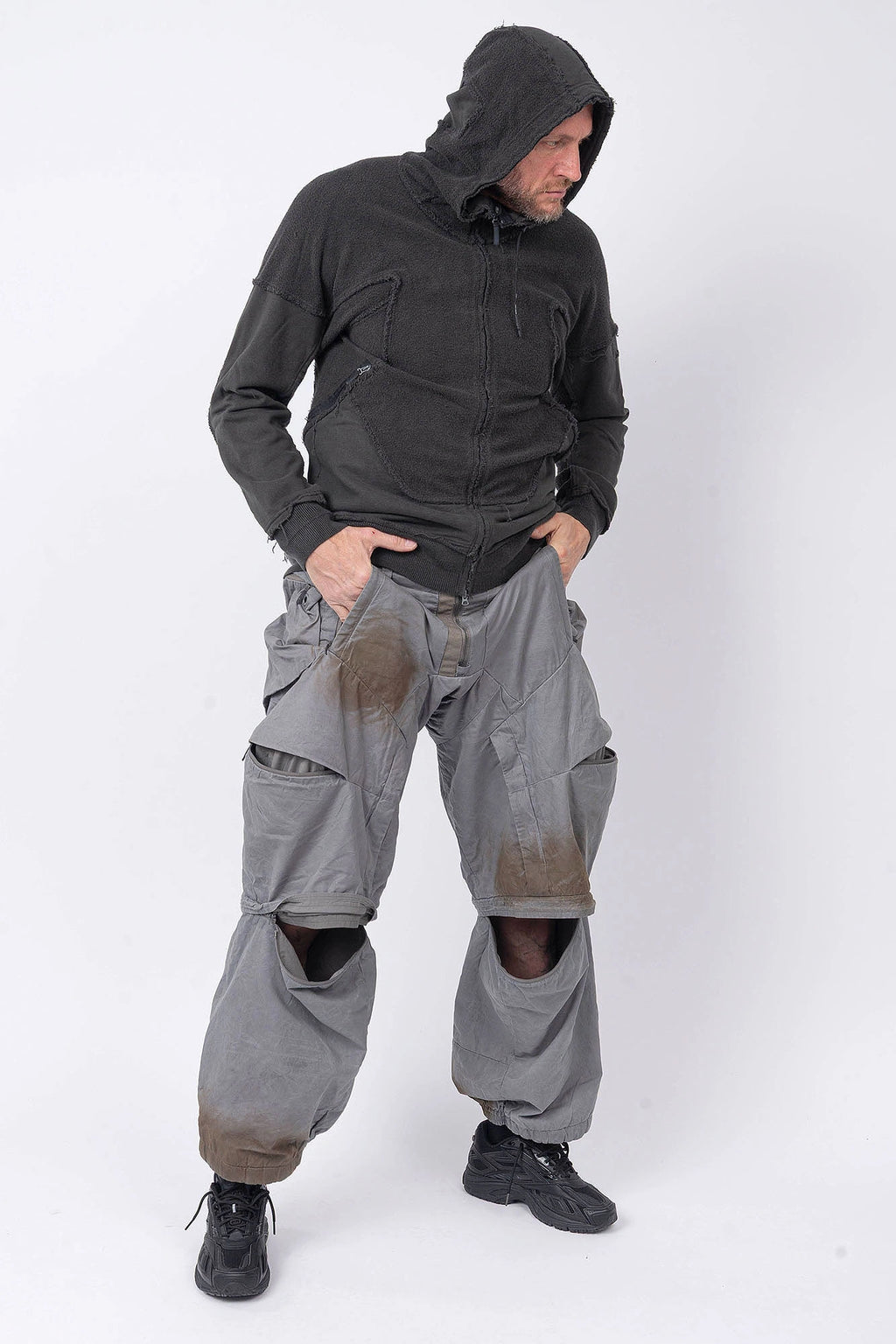 Hamcus, Mens Jacket, Black, Washed Effect, Cloudy Black, Long Sleeves, Zip Side Pockets, Hooded, Panel Design, Patchwork Construction, Ribbed Cuffs and Hem, Paracord Adjustable Hood, LP World, Full-Zip, Centre Zip Closure, Full Body Front View Looking Sideways Hooded. 