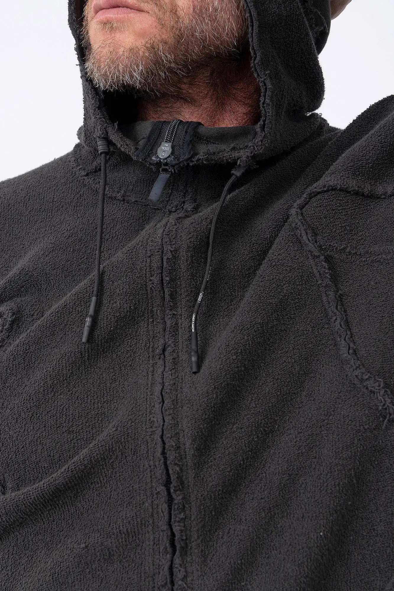 Hamcus, Mens Jacket, Black, Washed Effect, Cloudy Black, Long Sleeves, Zip Side Pockets, Hooded, Panel Design, Patchwork Construction, Ribbed Cuffs and Hem, Paracord Adjustable Hood, LP World, Full-Zip, Centre Zip Closure, Front Zip and Hood Cord Showcase. 