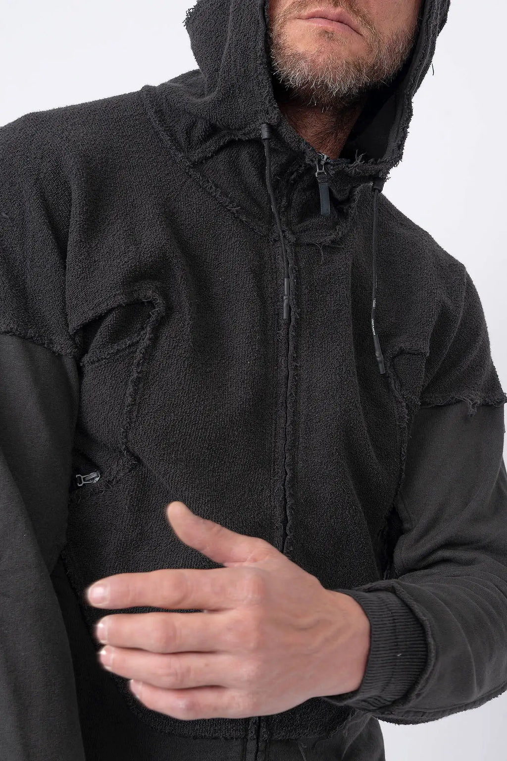 Hamcus, Mens Jacket, Black, Washed Effect, Cloudy Black, Long Sleeves, Zip Side Pockets, Hooded, Panel Design, Patchwork Construction, Ribbed Cuffs and Hem, Paracord Adjustable Hood, LP World, Full-Zip, Centre Zip Closure, Front Portrait Close-up. 