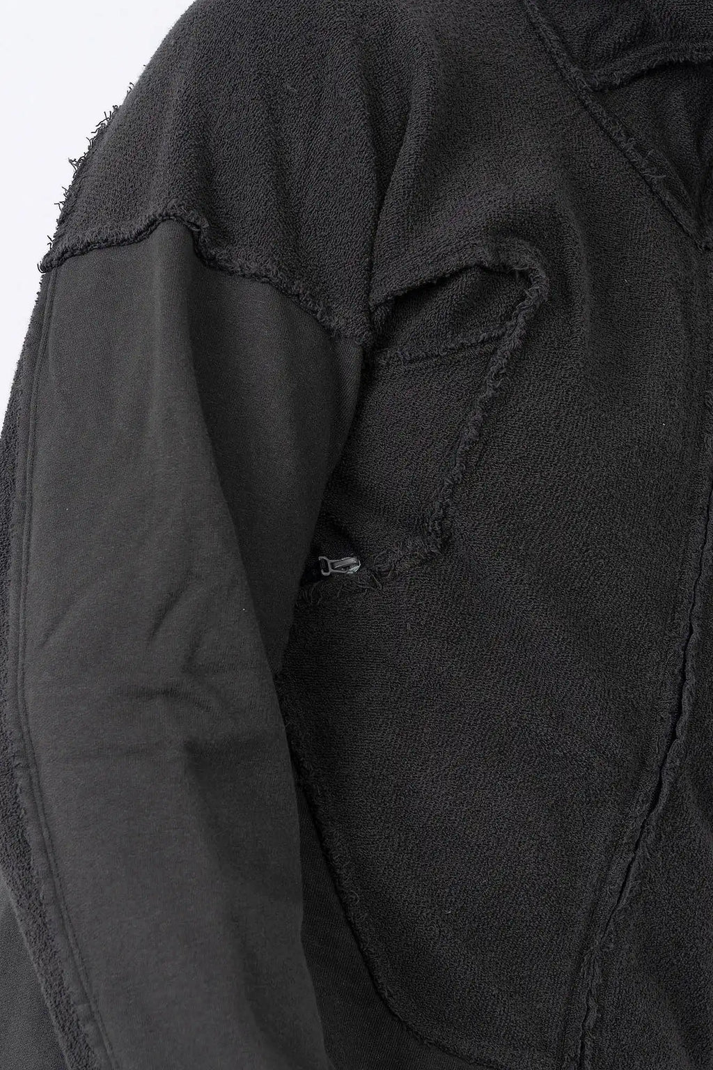 Hamcus, Mens Jacket, Black, Washed Effect, Cloudy Black, Long Sleeves, Zip Side Pockets, Hooded, Panel Design, Patchwork Construction, Ribbed Cuffs and Hem, Paracord Adjustable Hood, LP World, Full-Zip, Centre Zip Closure, Sleeve Panels Close-up. 