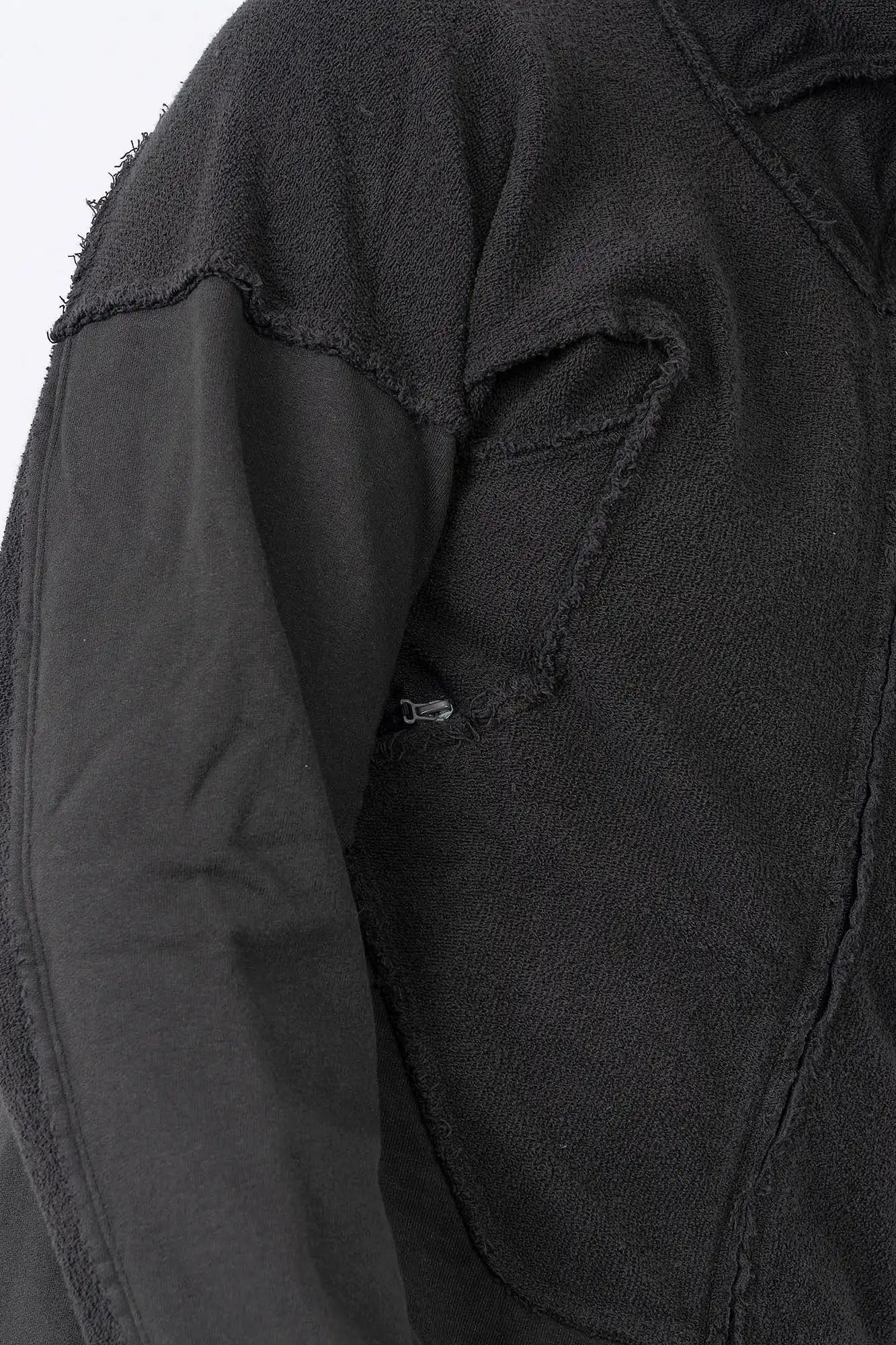 Hamcus, Mens Jacket, Black, Washed Effect, Cloudy Black, Long Sleeves, Zip Side Pockets, Hooded, Panel Design, Patchwork Construction, Ribbed Cuffs and Hem, Paracord Adjustable Hood, LP World, Full-Zip, Centre Zip Closure, Sleeve Panels Close-up. 