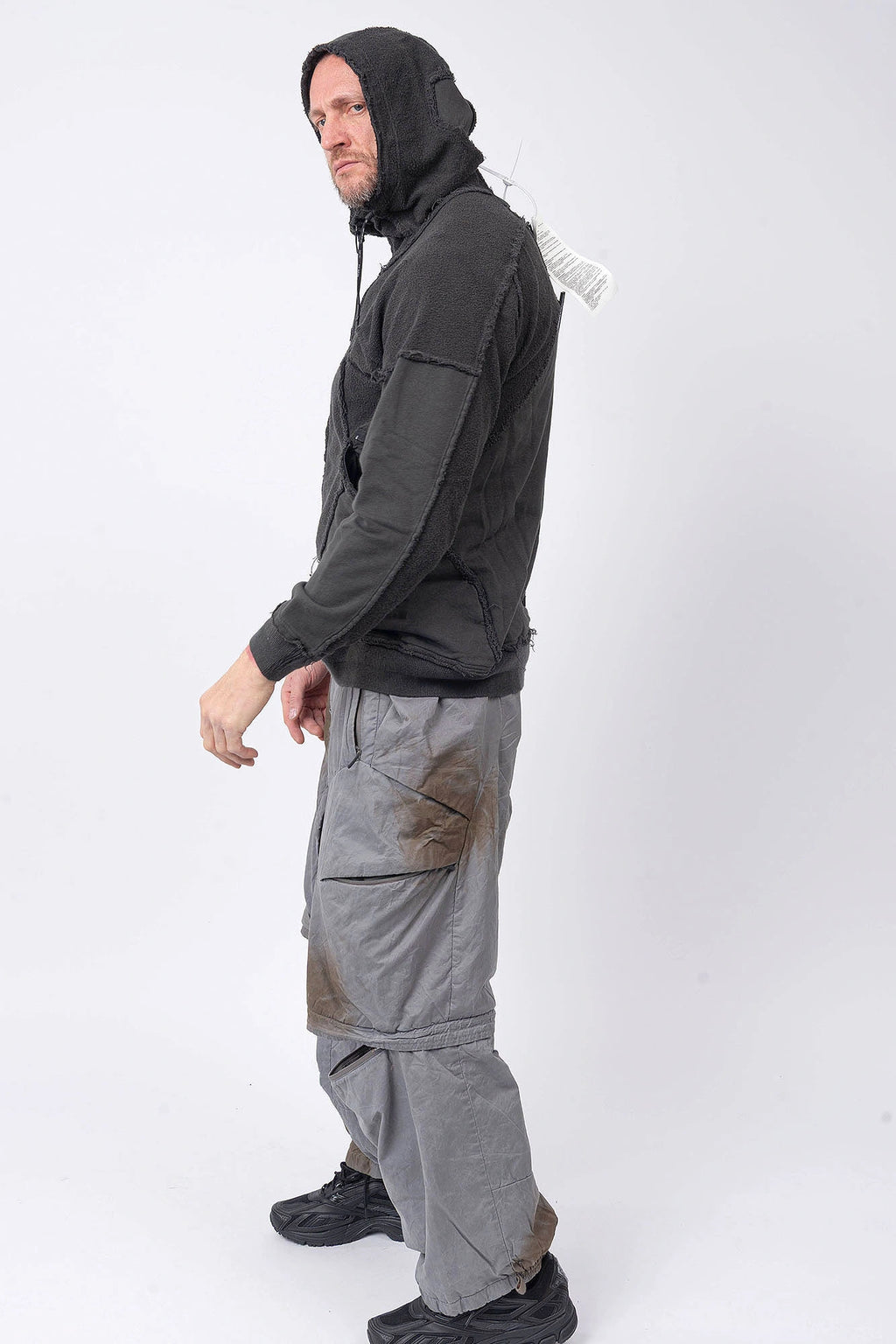 Hamcus, Mens Jacket, Black, Washed Effect, Cloudy Black, Long Sleeves, Zip Side Pockets, Hooded, Panel Design, Patchwork Construction, Ribbed Cuffs and Hem, Paracord Adjustable Hood, LP World, Full-Zip, Centre Zip Closure, Full Body Side View. 