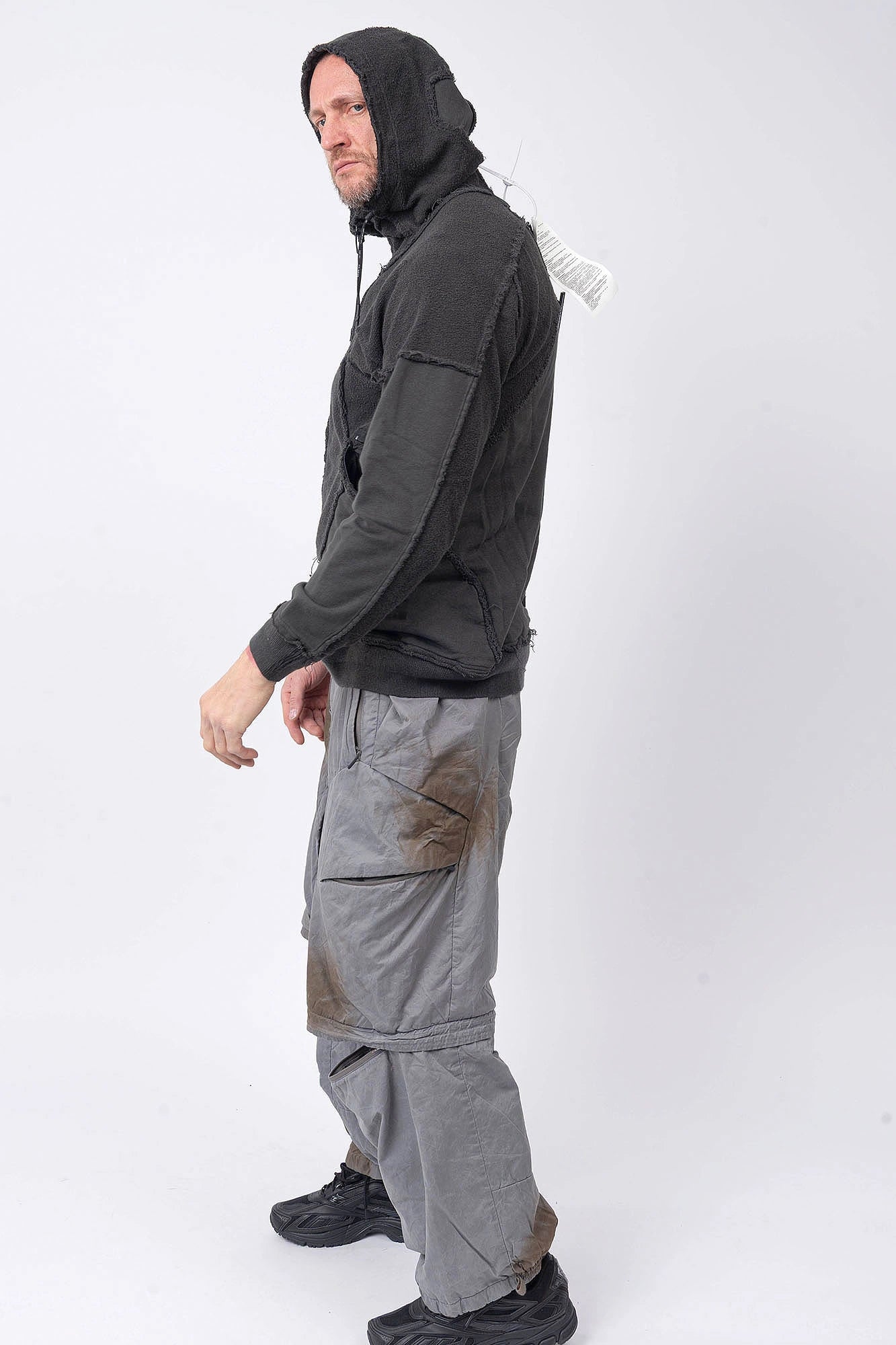 Hamcus, Mens Jacket, Black, Washed Effect, Cloudy Black, Long Sleeves, Zip Side Pockets, Hooded, Panel Design, Patchwork Construction, Ribbed Cuffs and Hem, Paracord Adjustable Hood, LP World, Full-Zip, Centre Zip Closure, Full Body Side View. 